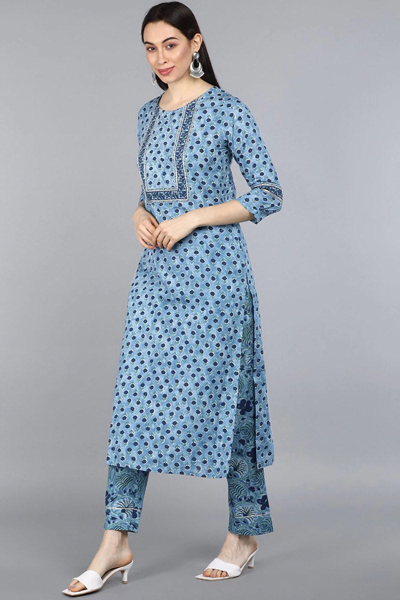 AHIKA Women Blue Floral Printed Pure Cotton Kurta with Trousers  With Dupatta