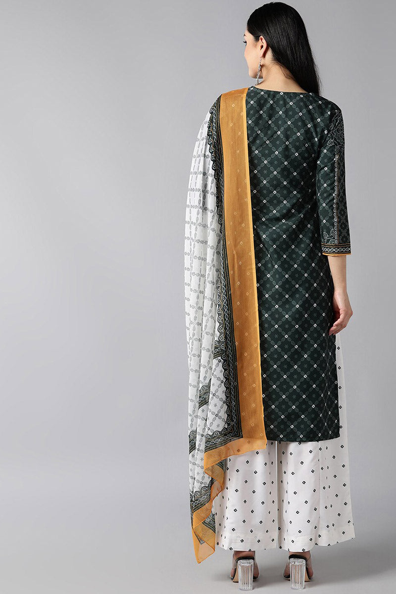 AHIKA Women Green Ethnic Motifs Printed Regular Kurta with Palazzos With Dupatta Set