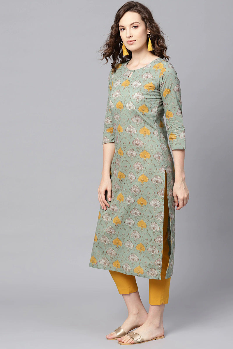 Green & Mustard Yellow Rayon Blend Printed Straight Kurta VCK1253