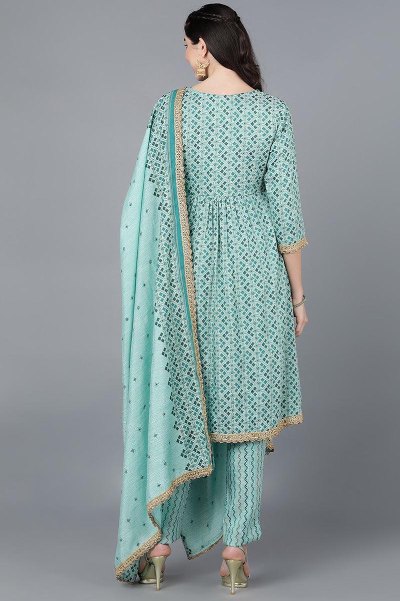 Ahika Women Sea Green Cotton Blend Printed Kurta Trousers With Dupatta 