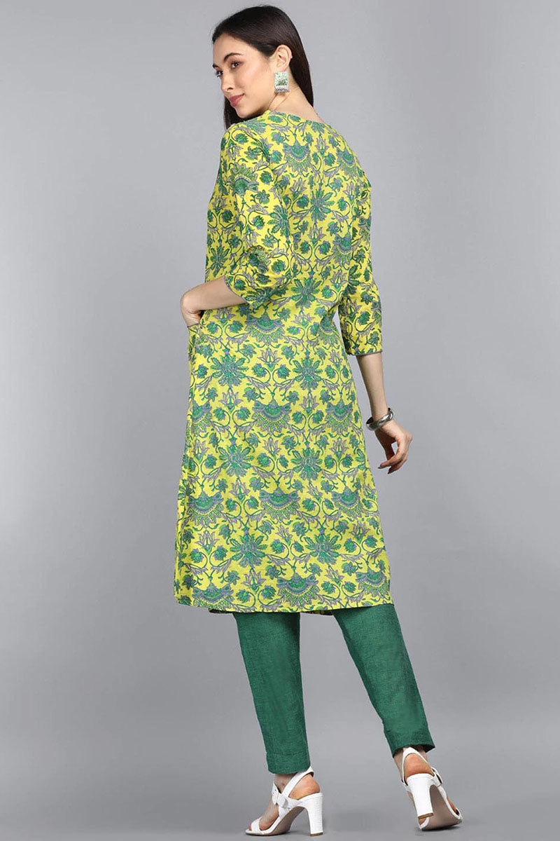 Green cotton kurti with yellow pant - myrawears.com