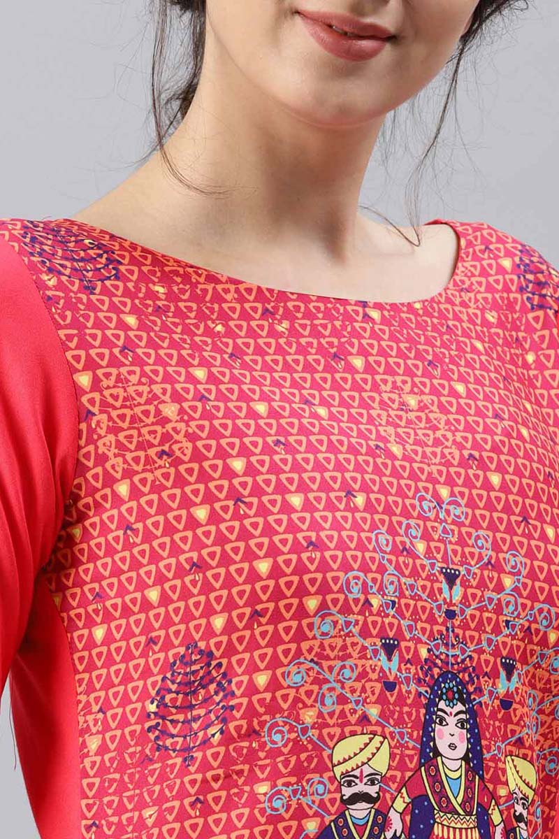 Ahika Women Pink Crepe Fabric Printed A Line Kurta