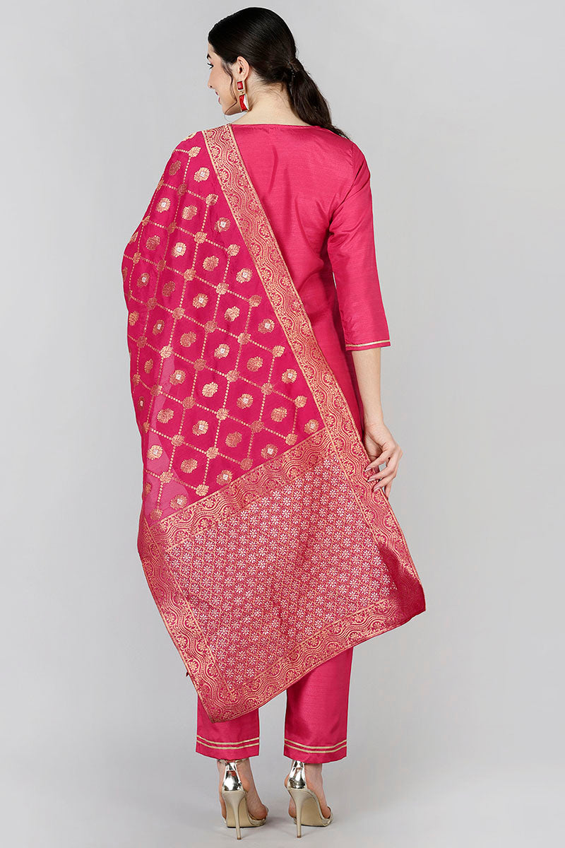 AHIKA Women Red Yoke Design Kurta Trousers With Dupatta 