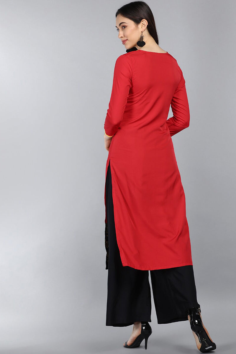 Ahika Women Regular Wear Red Color Crepe Fabric Printed Fancy Kurti