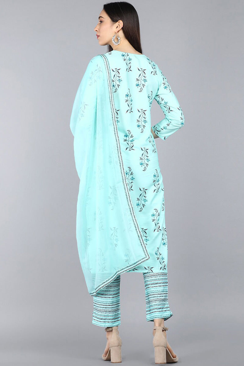 AHIKA Women Turquoise Blue Floral Printed Kurta with Trousers Dupatta 