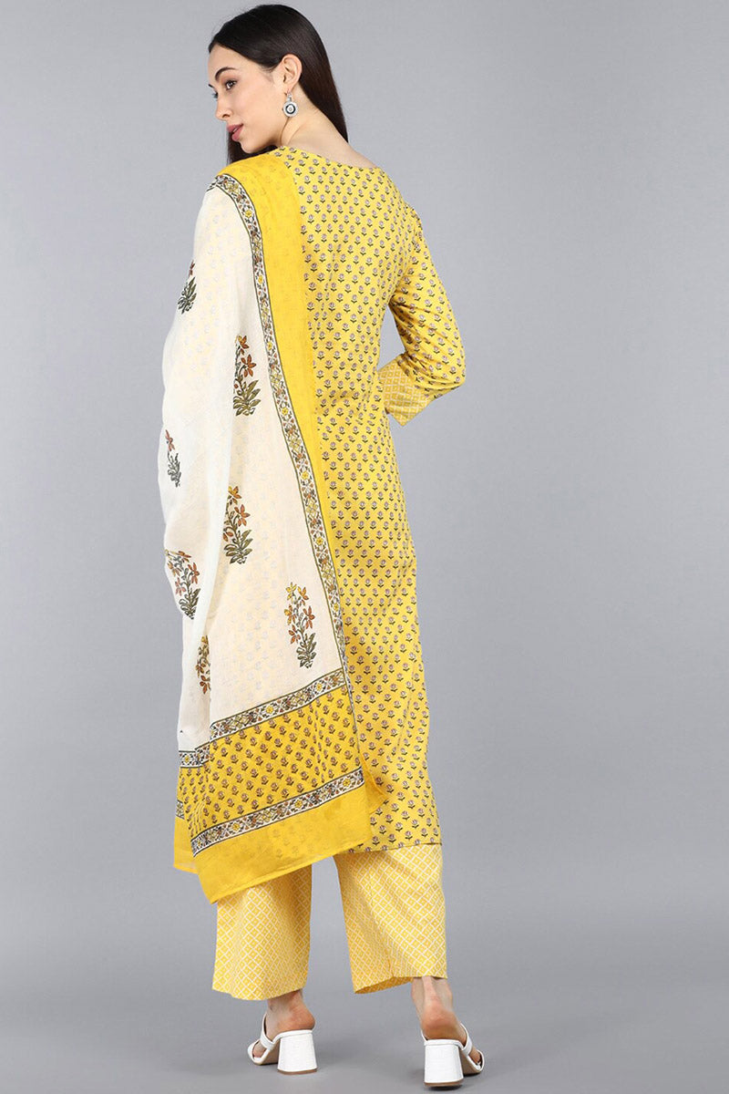 AHIKA Women Yellow Ethnic Motifs Printed Pure Cotton Kurta Set With Dupatta