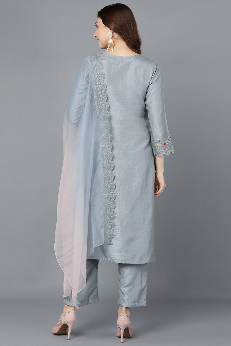 Ahika Women Grey Poly Silk Embroidered Kurta Trousers With Dupatta