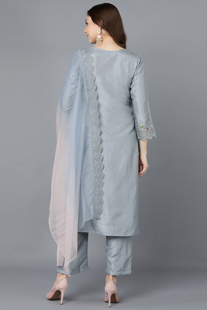 Grey Poly Silk Straight Kurta Pant With Dupatta PKSKD1501