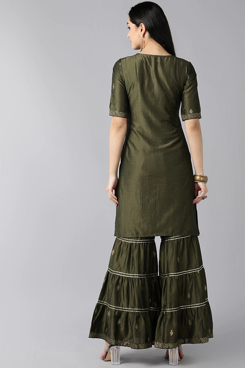AHIKA Women Green Printed Regular Kurta with Sharara Set