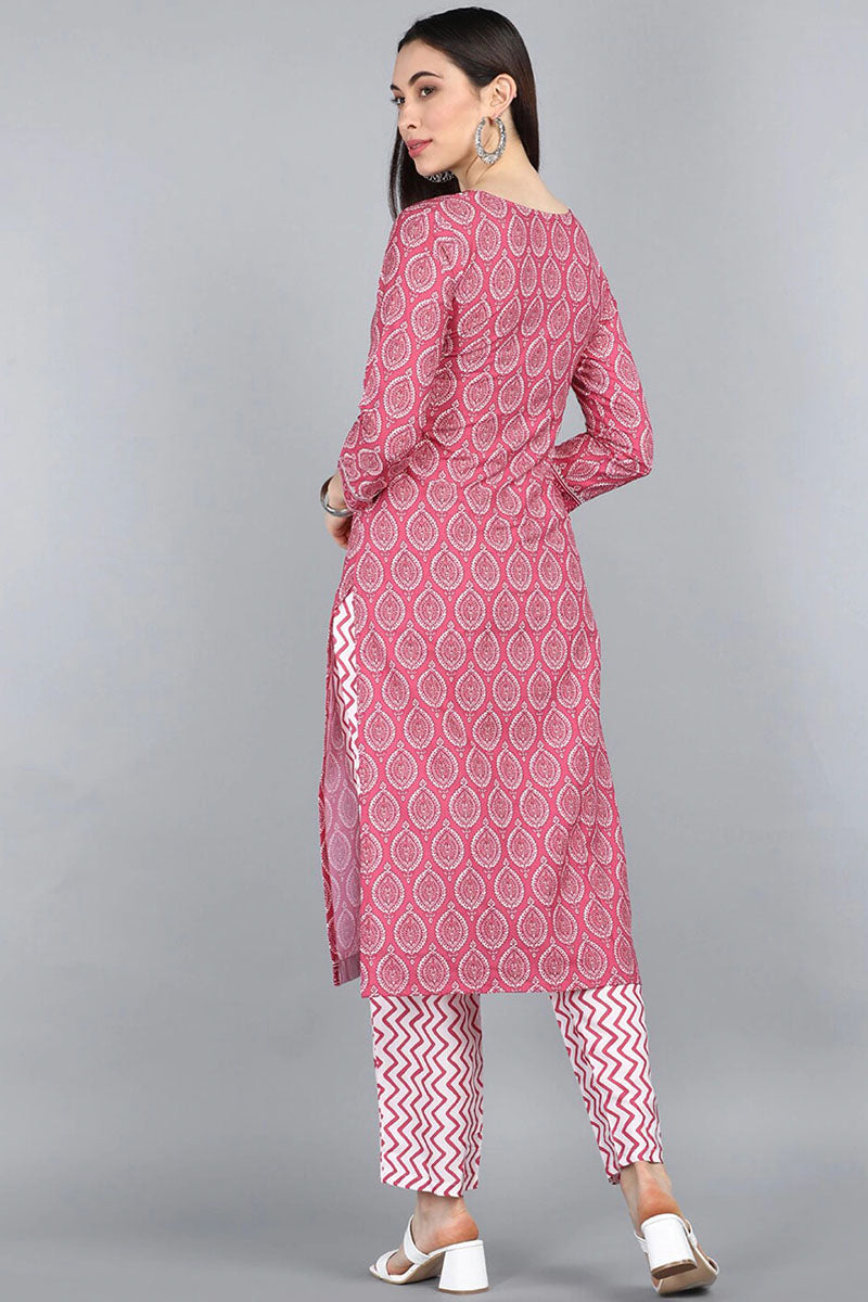 AHIKA Women Pink Floral Printed Layered Kurti with Trousers Set