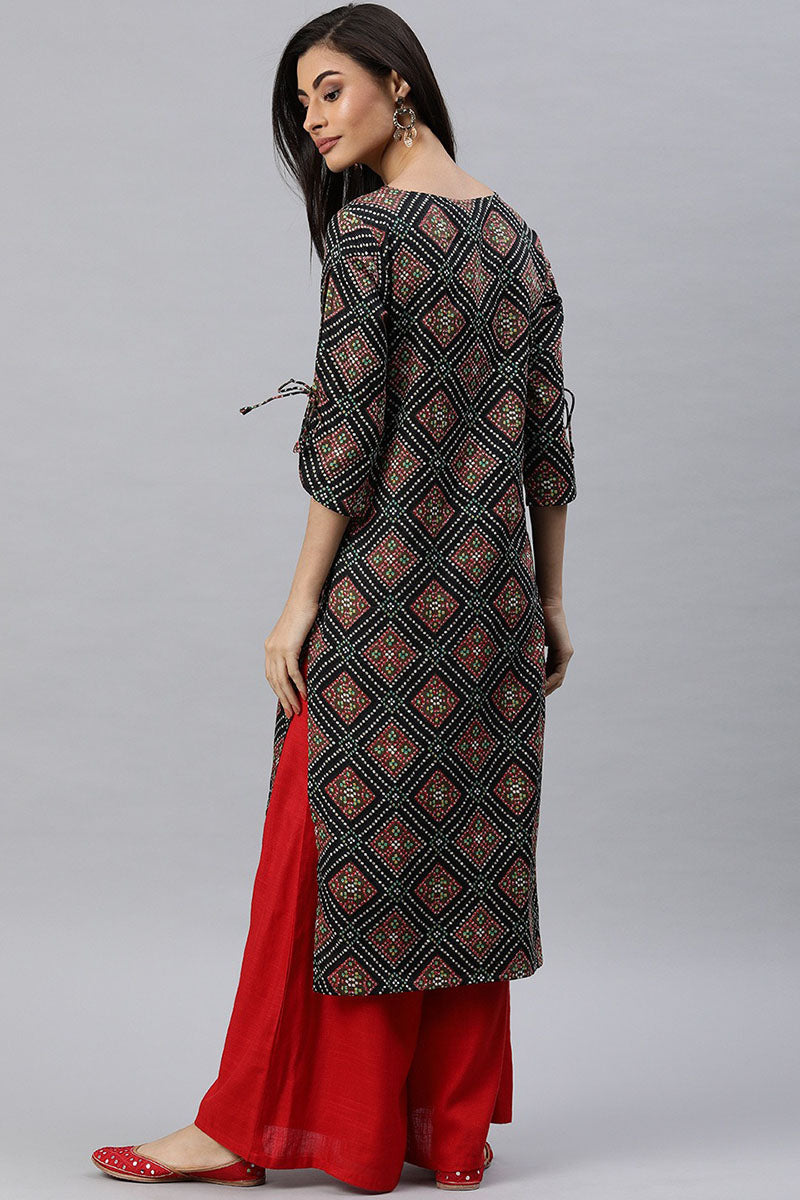 Ahika Women Black And Brown Bandhani Printed Straight Kurta