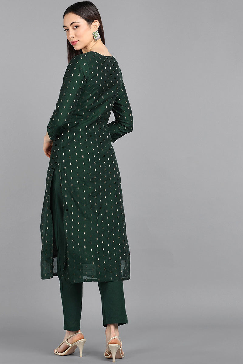 Ahika Women Cotton Green Woven Design Printed Straight Kurta Pant Set