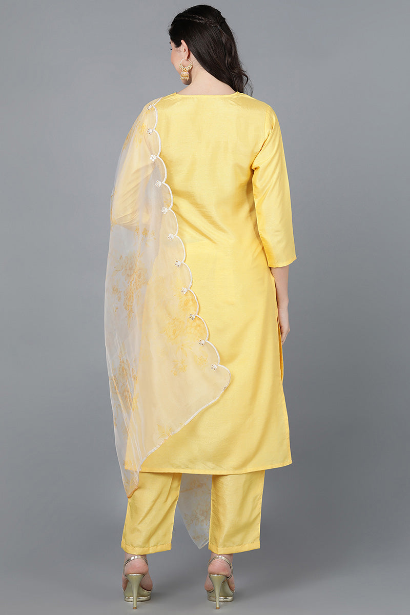 Ahika Women Yellow Poly Silk Embroidered Kurta Trousers With Dupatta