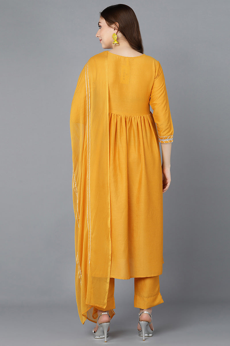 Ahika Women Mustard Poly Silk Embroidered Kurta Trousers With Dupatta 