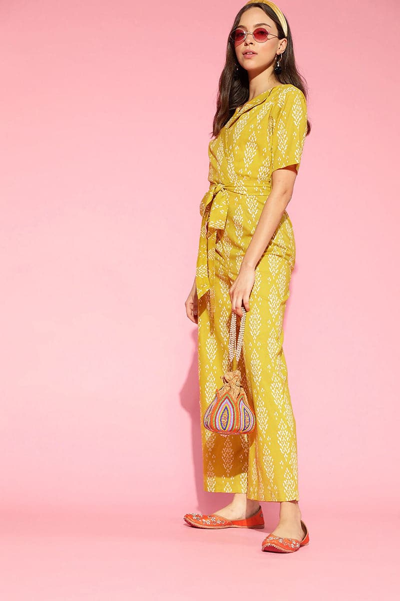 AHIKA Mustard Printed Basic Jumpsuit