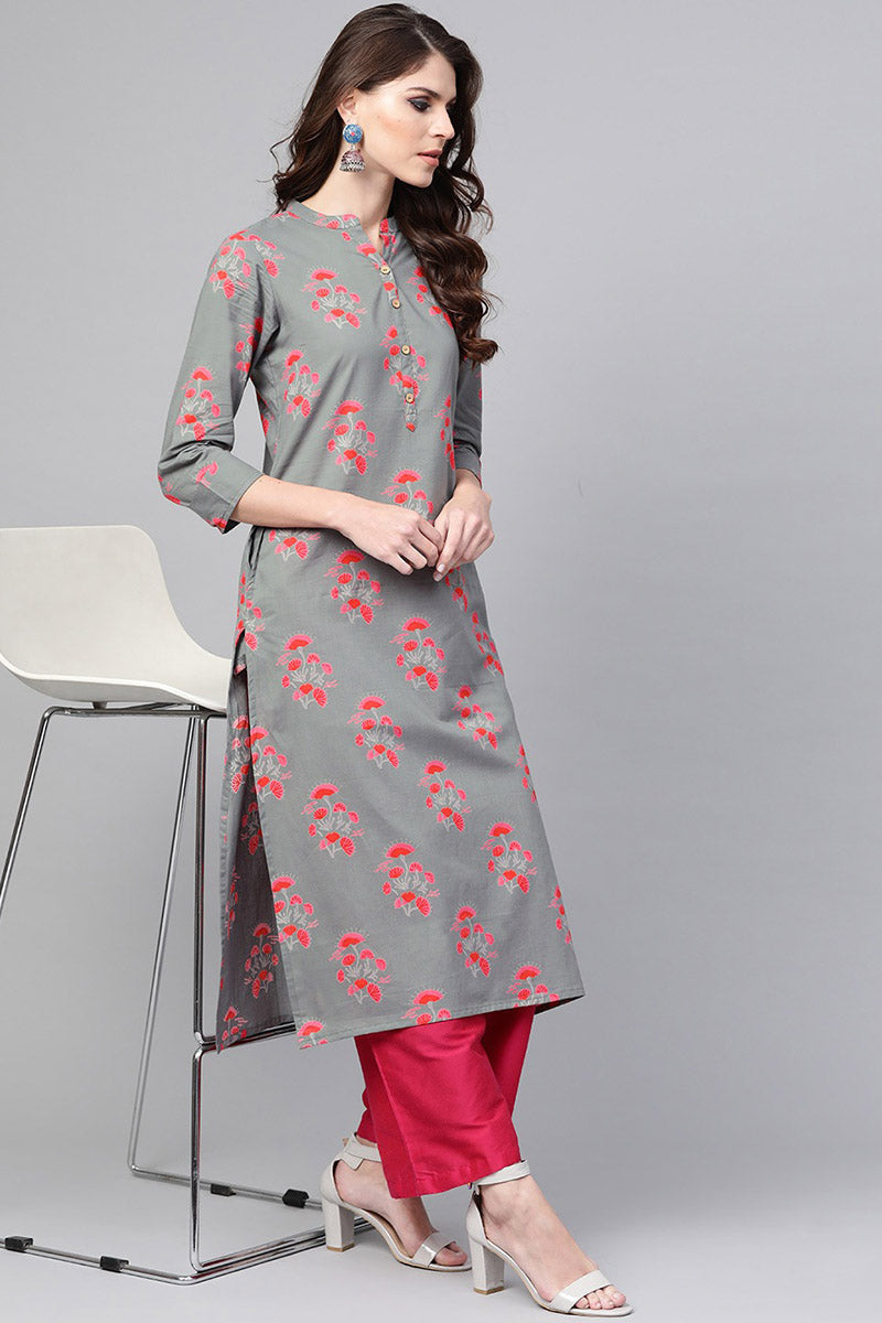 Ahika Women Cotton Fabric Trendy Festive Wear Grey Color Printed Kurti