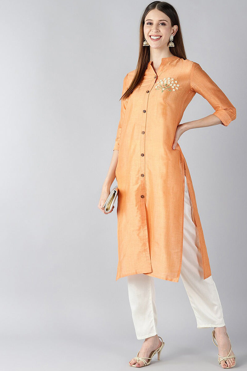 Hunar - Orange Embroidered Chanderi Silk Kurta Set (Set of 3) | Plush  cotton, Silk, Cotton silk