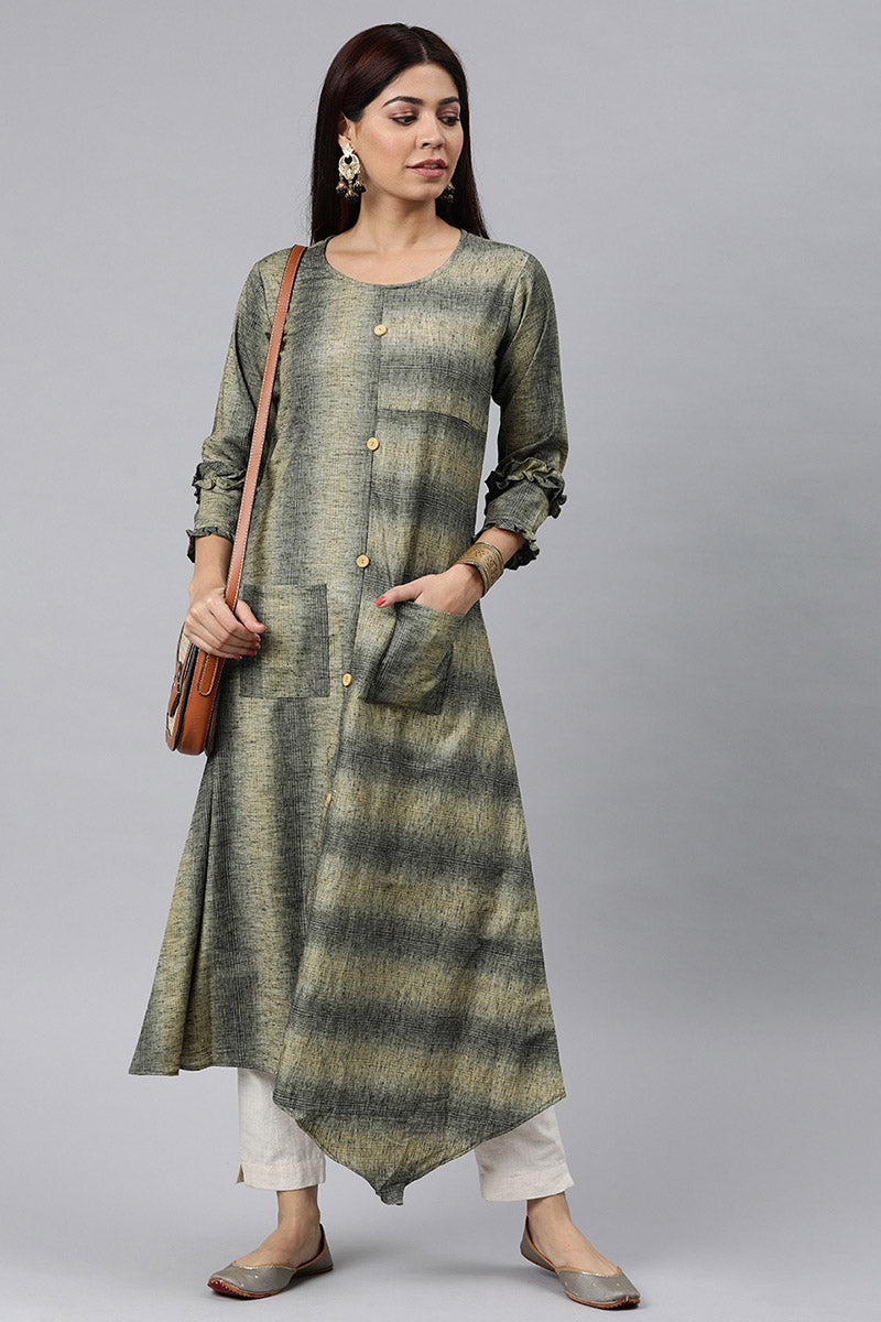 Women Grey And Beige Striped A Line Panelled Kurta with pockets VCK8125