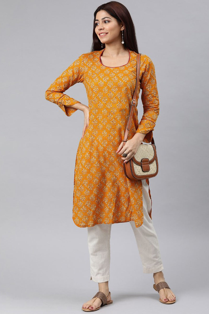 AHIKA Women Mustard Yellow Ethnic Motifs Printed Kurta