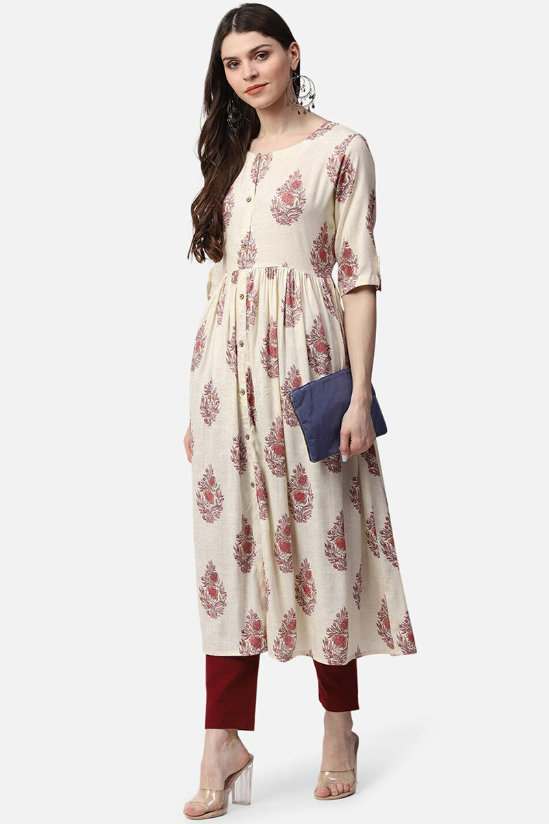 Ahika Women Cotton Beige Ethnic Motifs Printed A Line Kurti