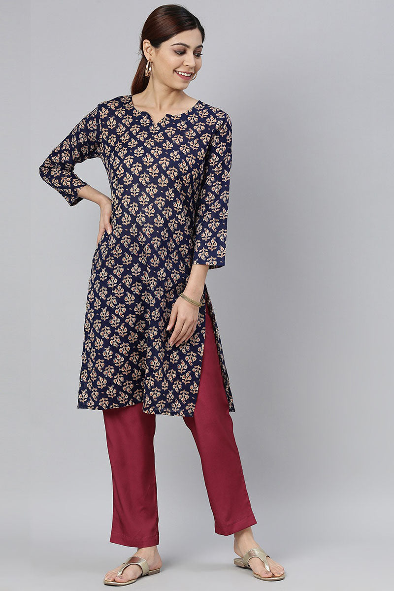 AHIKA Women Navy Blue & Beige Ethnic Motifs Printed Kurta