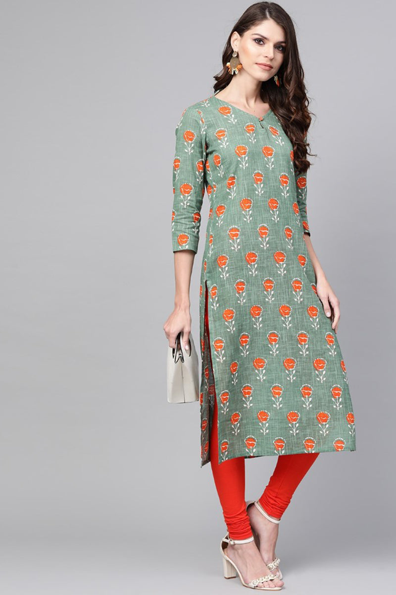 Ahika Women Casual Wear Cotton Fabric Sea Green Printed Trendy Kurti