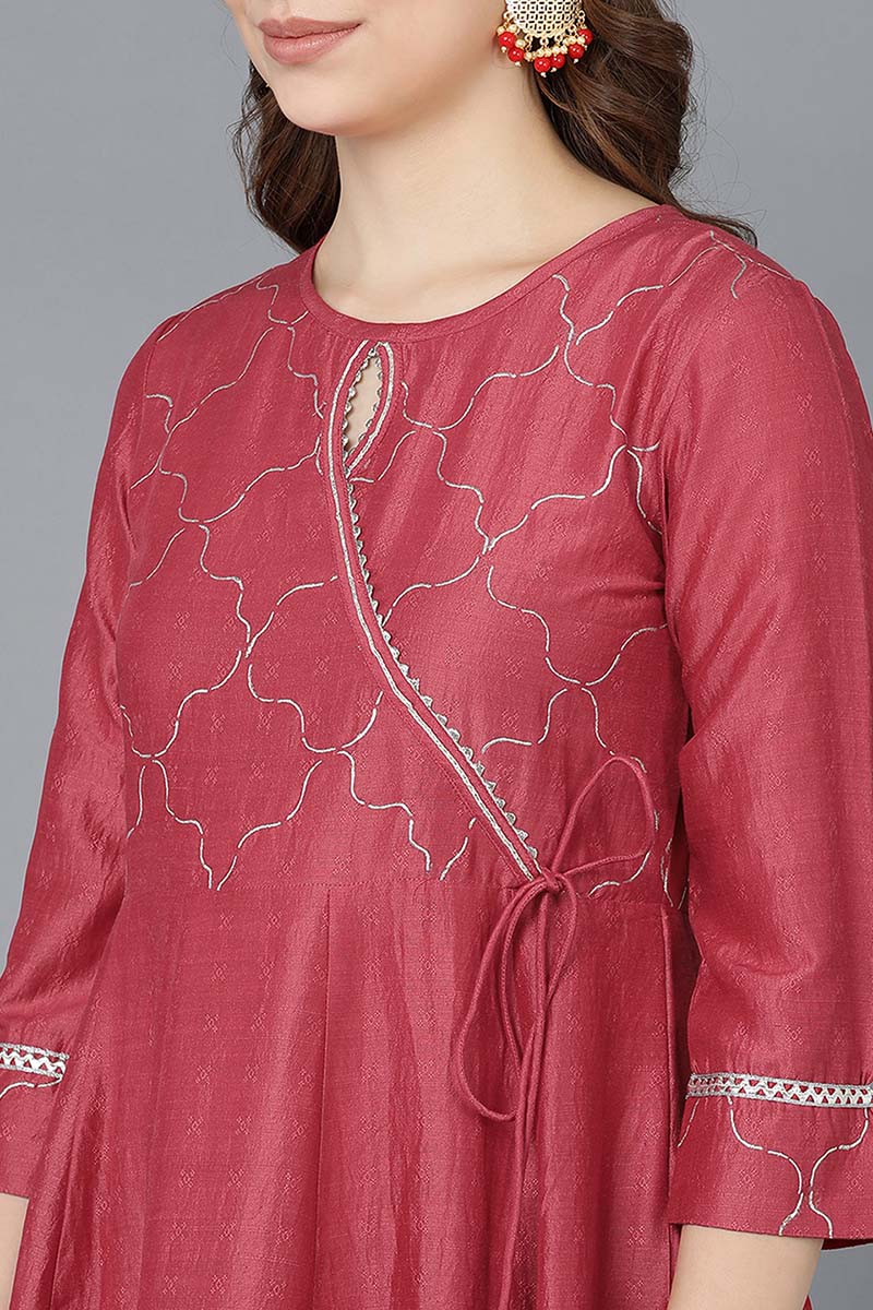 Ahika Women Red Poly Silk Embroidered Kurta Trousers With Dupatta