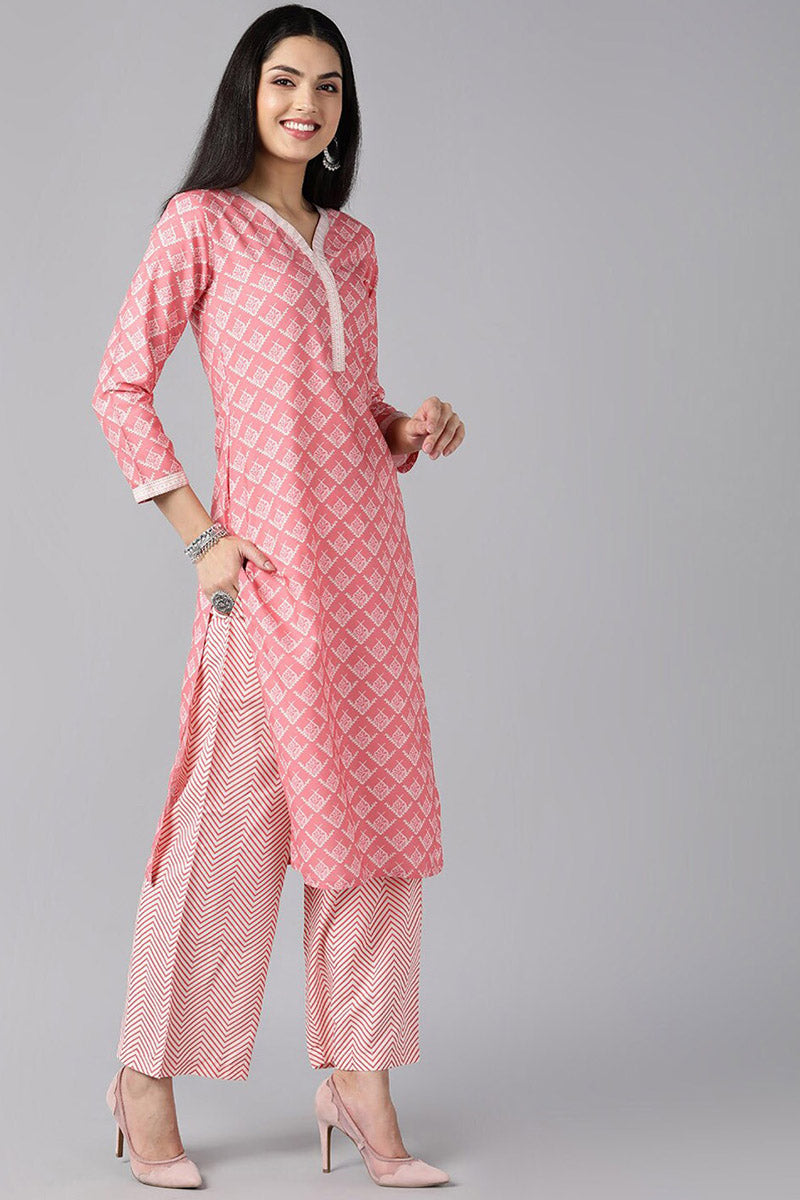 Peach Polyester Ethnic Motifs Straight Suit Set PKSKD1017