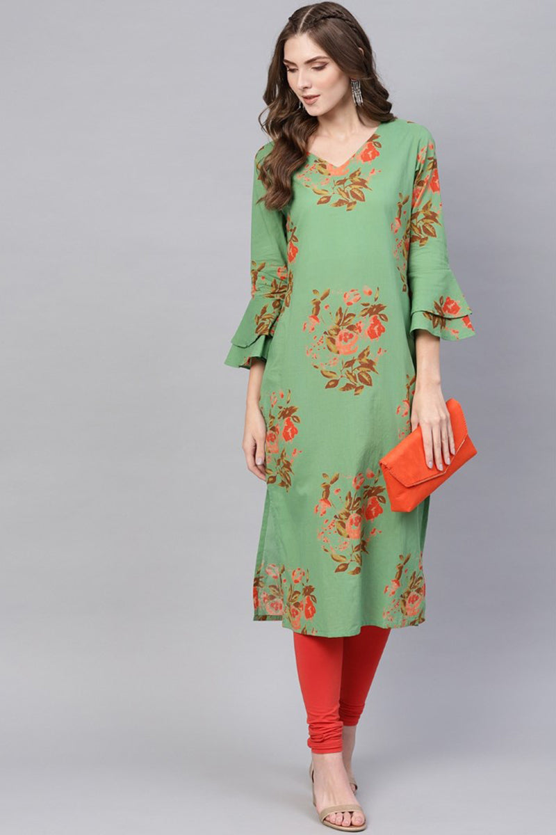 Ahika Women Regular Wear Cotton Fabric Printed Sea Green Color Simple Kurti