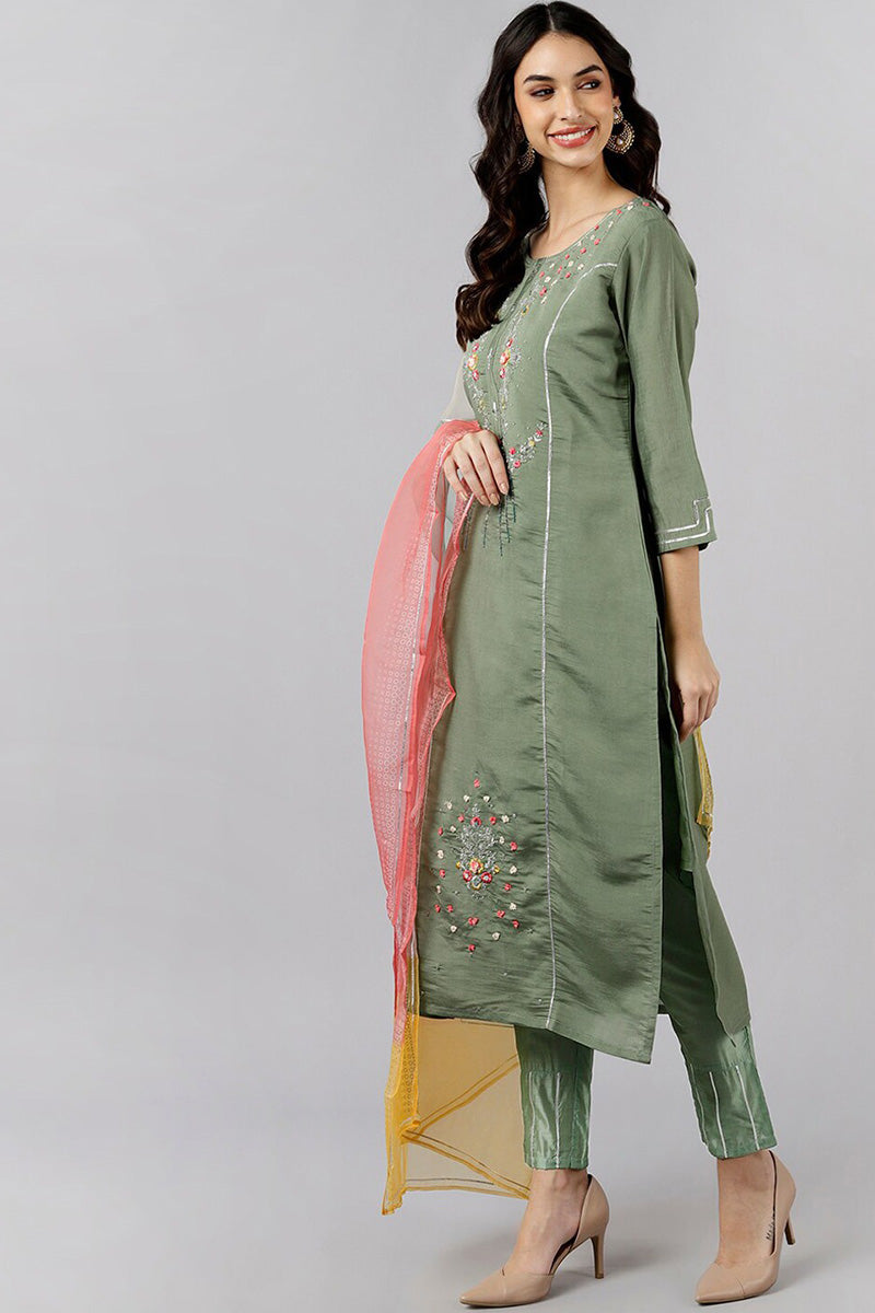 AHIKA Women Olive Solid Embroidered Kurta Trousers With Dupatta