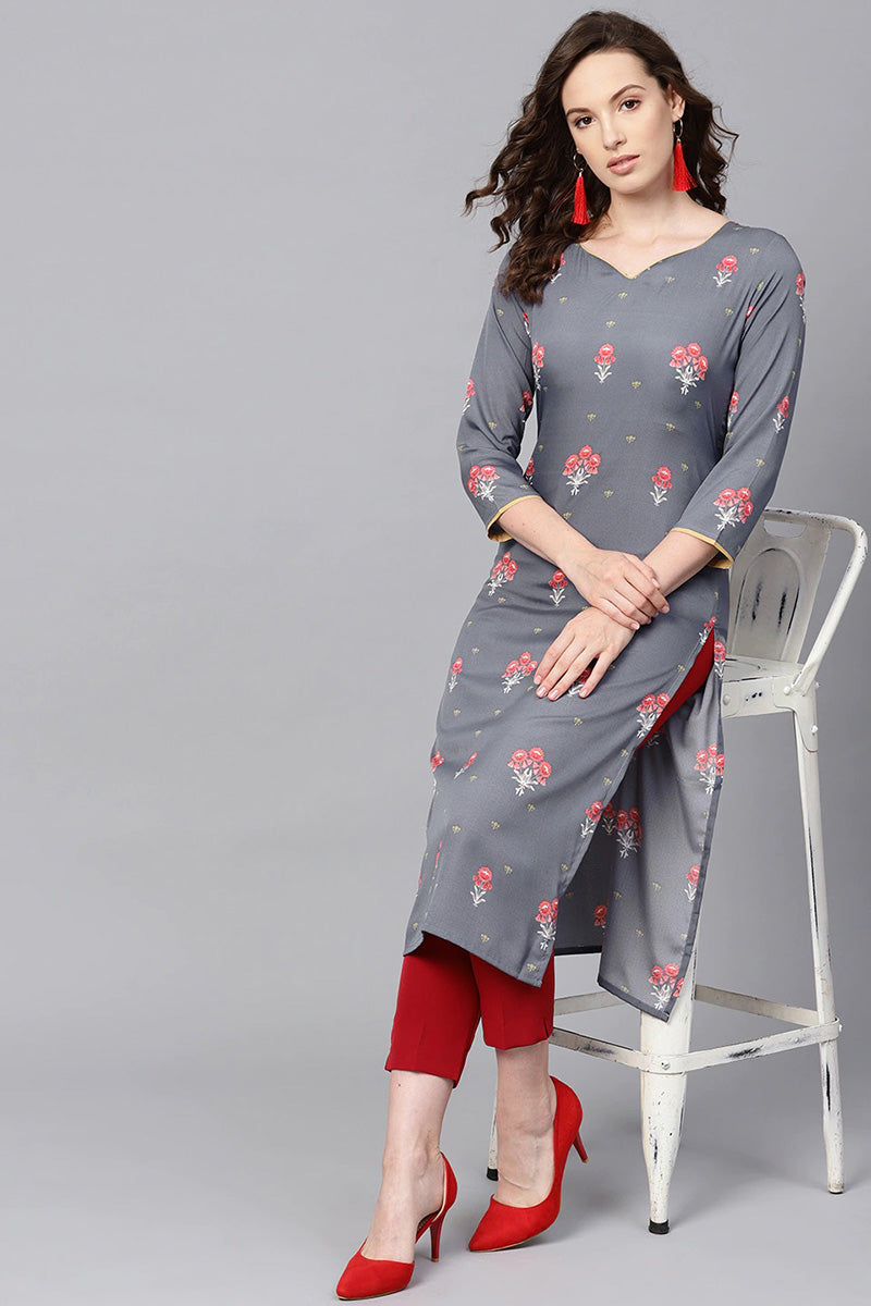 Womens White Printed Grey Color Applique Kurti With Pant