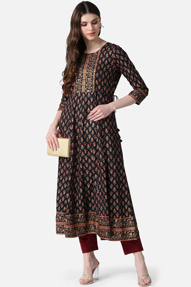 AHIKA Women Black Gold Ethnic Motifs Printed Mirror Work Anarkali Kurta