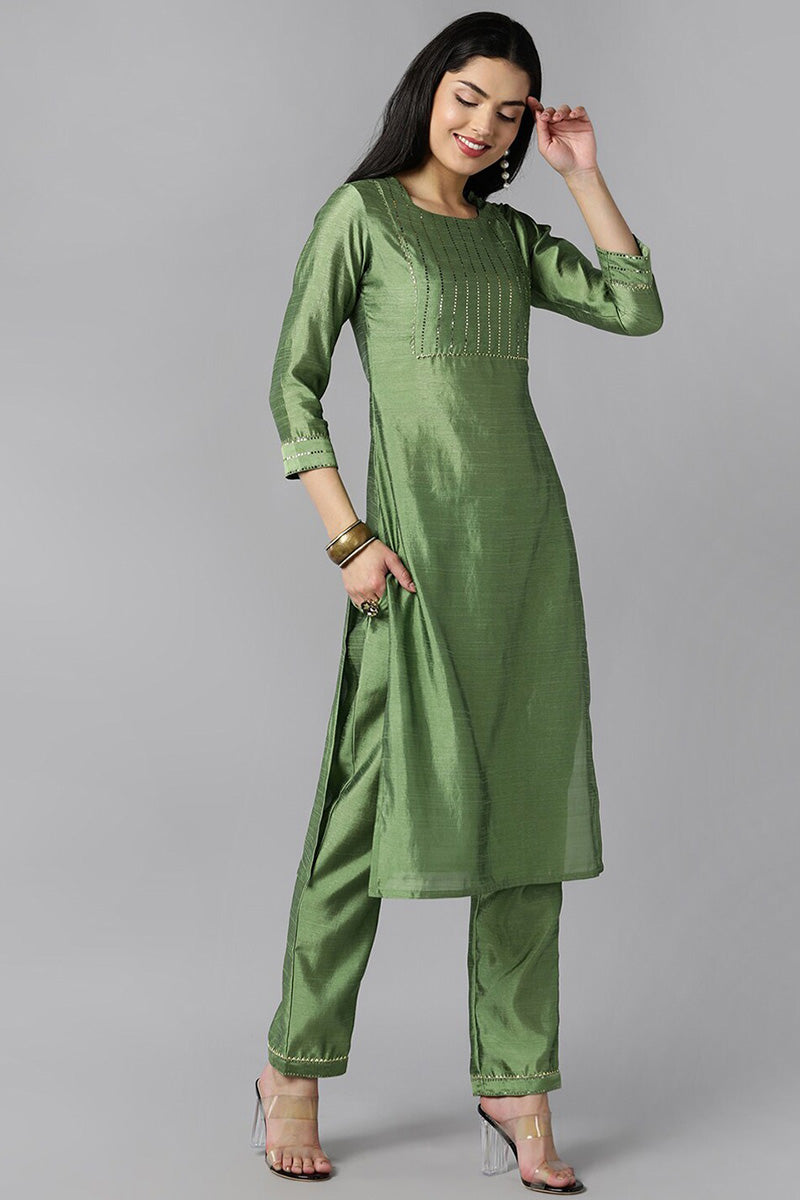 Green Poly Chanderi Solid Straight Suit Set PKSKD1088