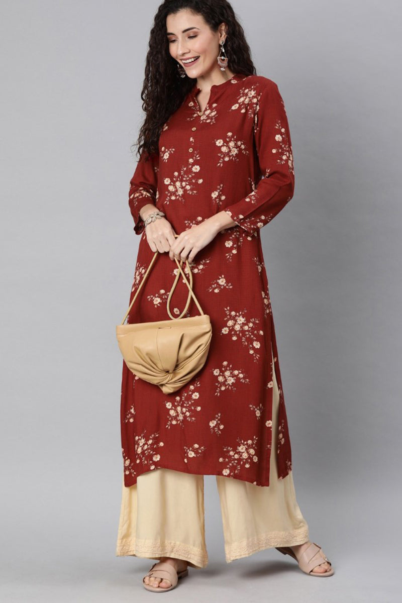 Ahika Women Maroon And Pink Printed Straight Kurta