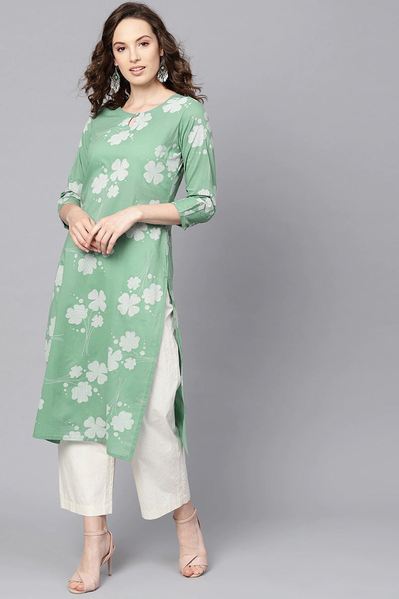 Ahika Women Cotton Green Floral Printed Straight Kurta