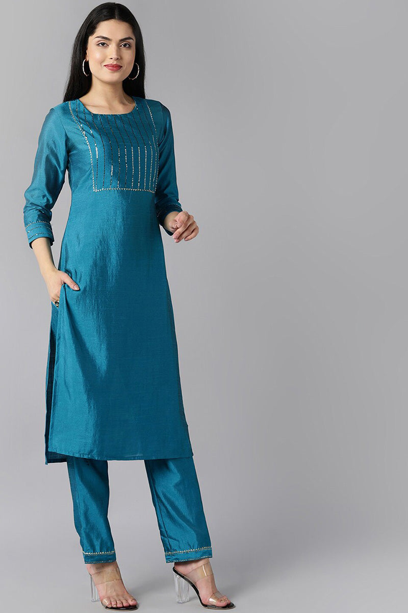 AHIKA Women Teal Layered Kurta with Trousers With Dupatta Set