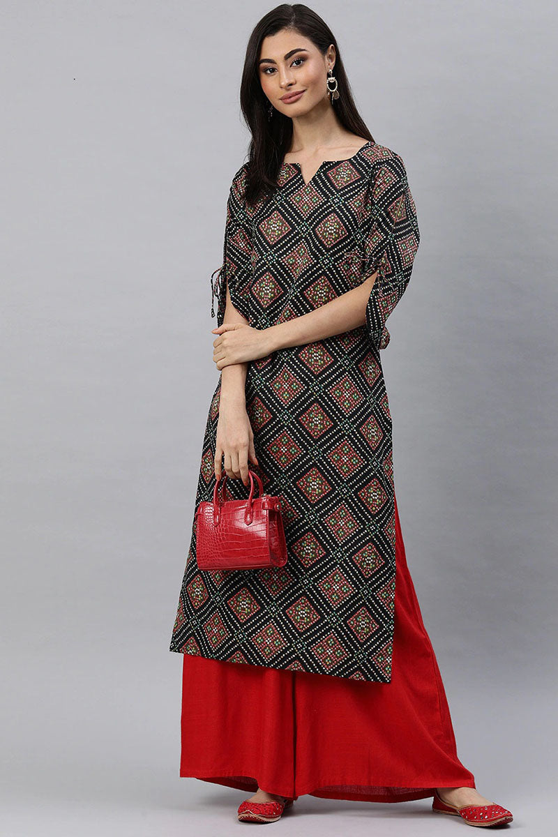 Ahika Women Black And Brown Bandhani Printed Straight Kurta