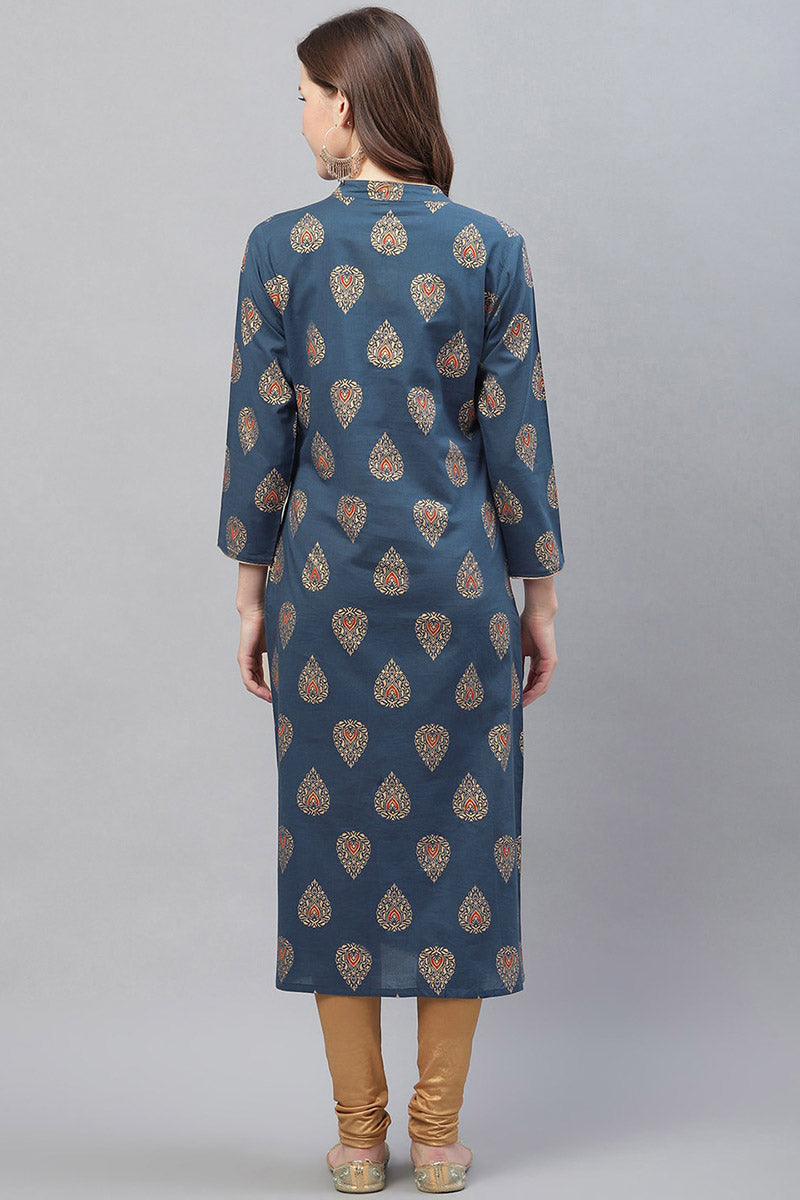 Ahika Women Printed Simple Navy Blue Kurti
