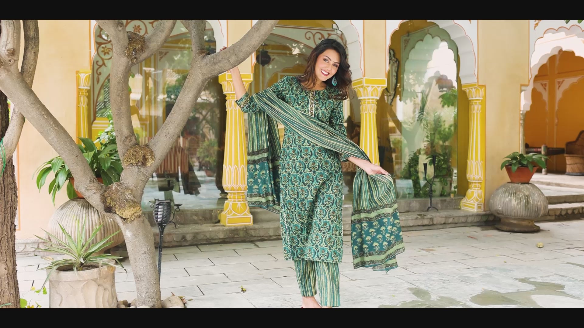Green Rayon Blend Ethnic Motifs Suit Set VKSKD1171