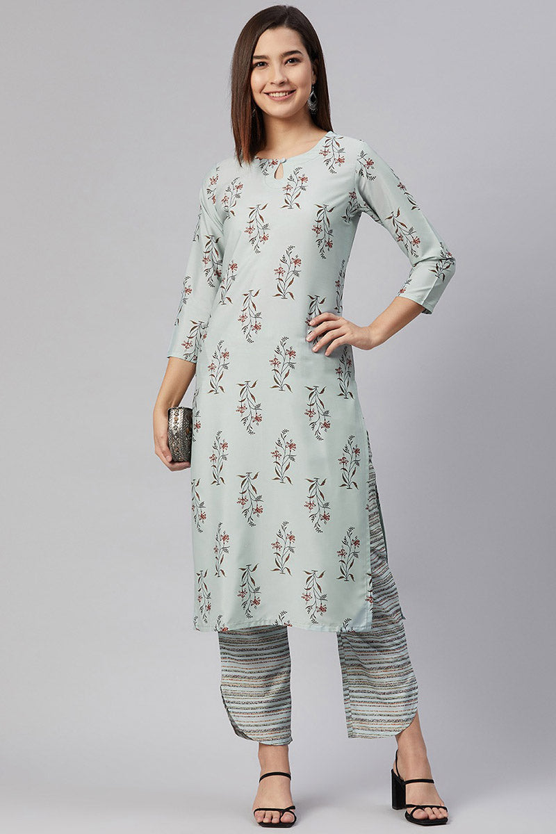 Ahika Women Crepe Sea Green Ethnic Motifs Printed Straight Kurta Pant Set