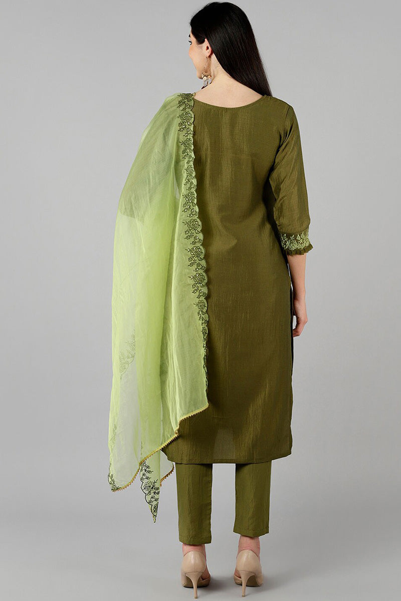 AHIKA Women Olive Solid Embroidered Kurta Trousers With Dupatta