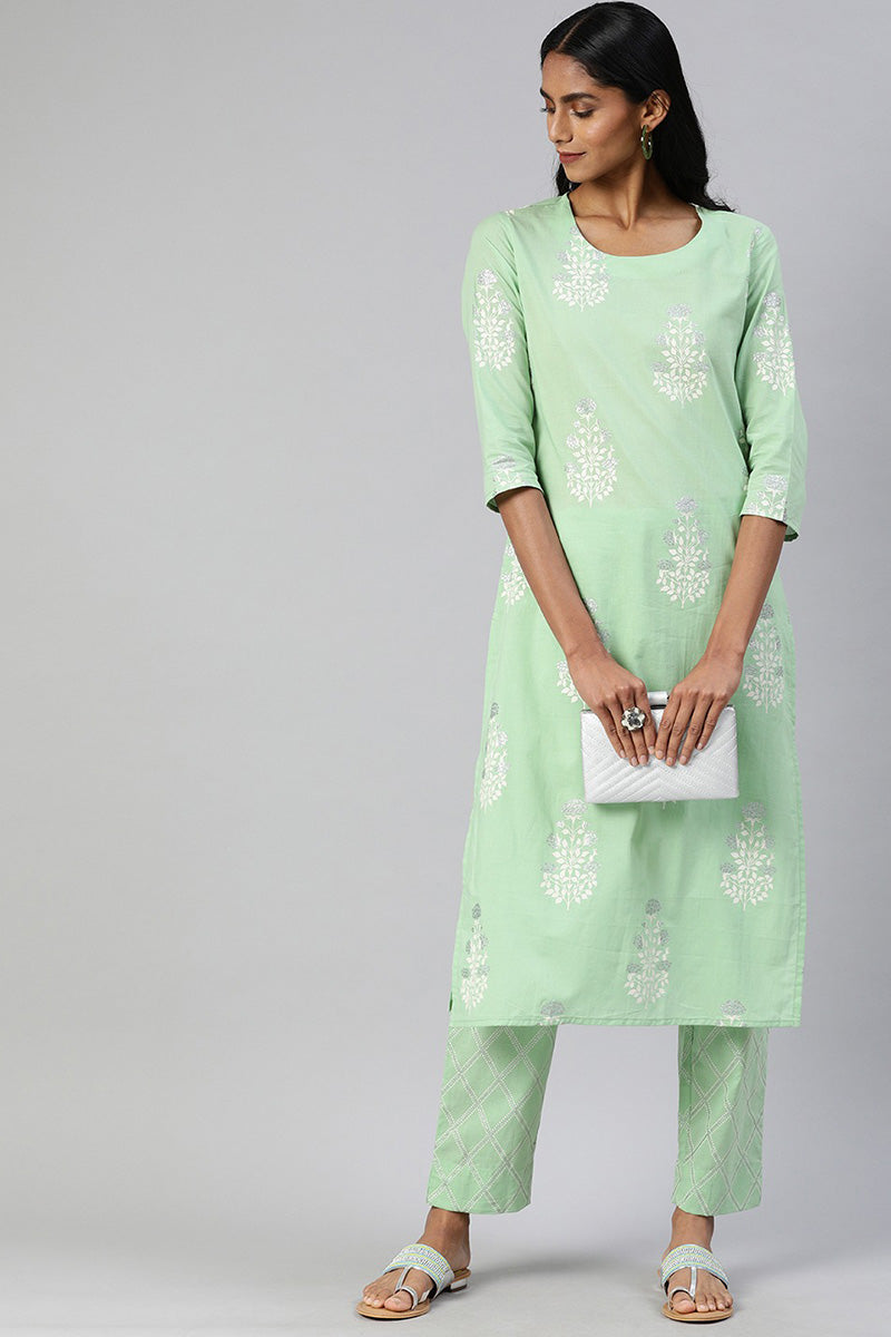 AHIKA Women Sea Green White Printed Kurta with Pyjamas Set