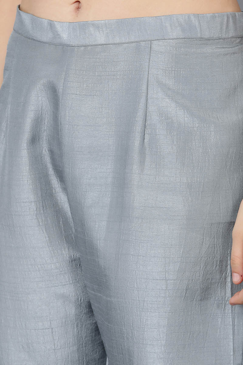 Ahika Women Grey Poly Silk Embroidered Kurta Trousers With Dupatta