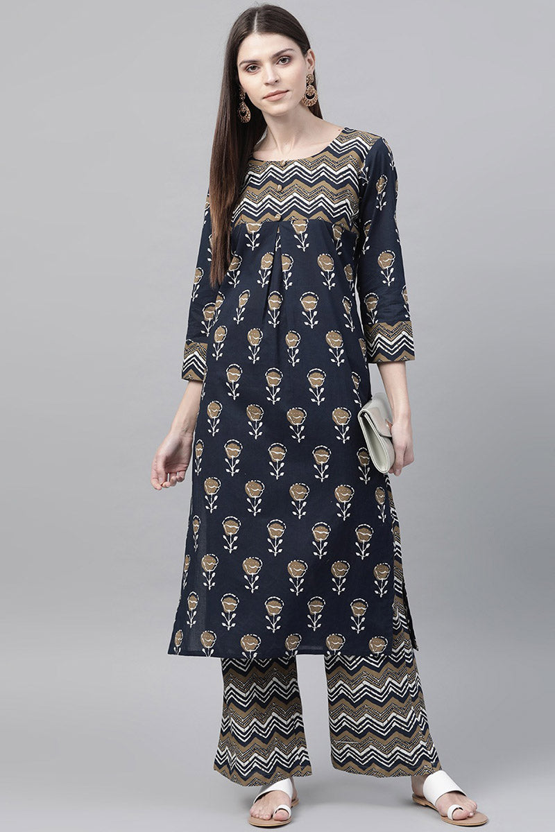 Ahika Women Occasion Wear Printed Stylish Navy Blue Kurta Palazzo Set