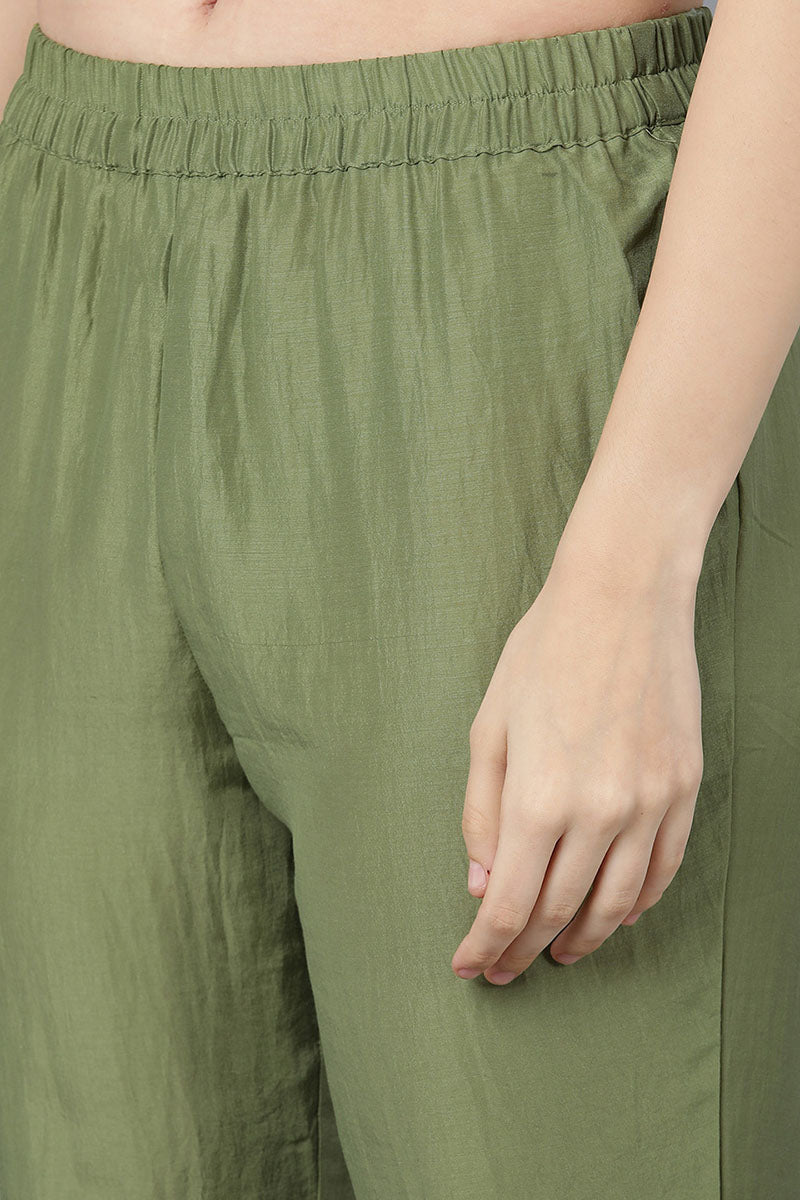 Ahika Women Green Poly Silk Embroidered Kurta Trousers With Dupatta