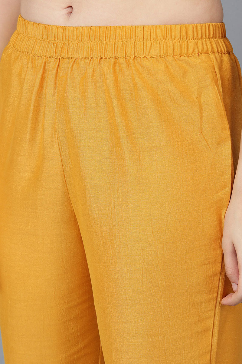 Ahika Women Mustard Poly Silk Embroidered Kurta Trousers With Dupatta 