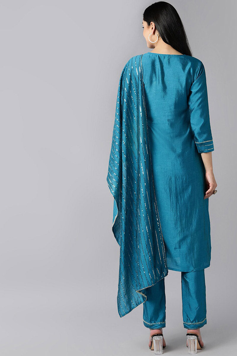 AHIKA Women Teal Layered Kurta with Trousers With Dupatta Set