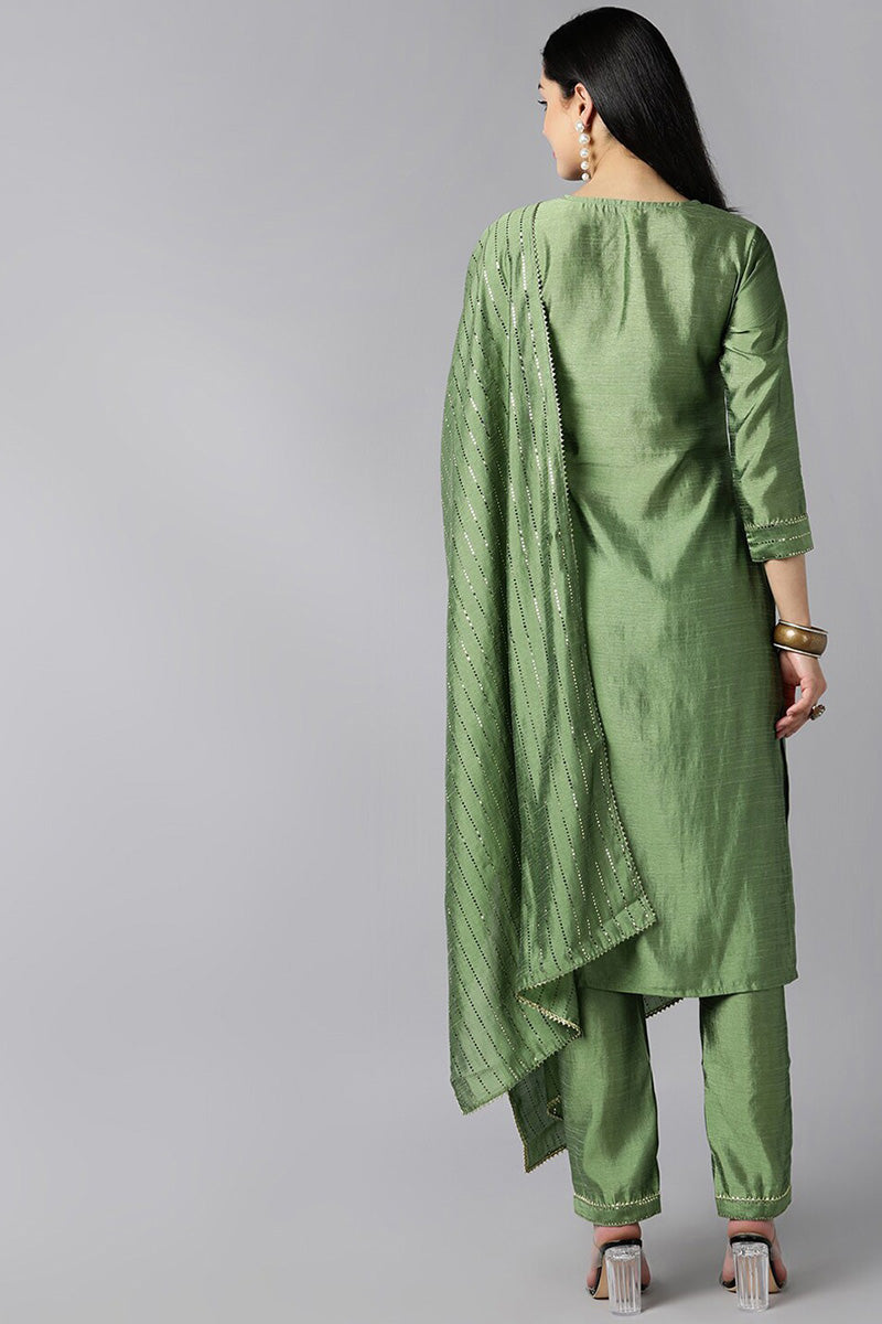 Green Poly Chanderi Solid Straight Suit Set PKSKD1088