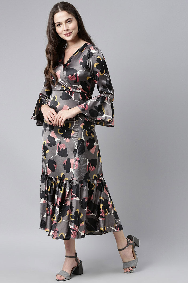 Ahika Women Polysatin Grey Floral Printed Dress