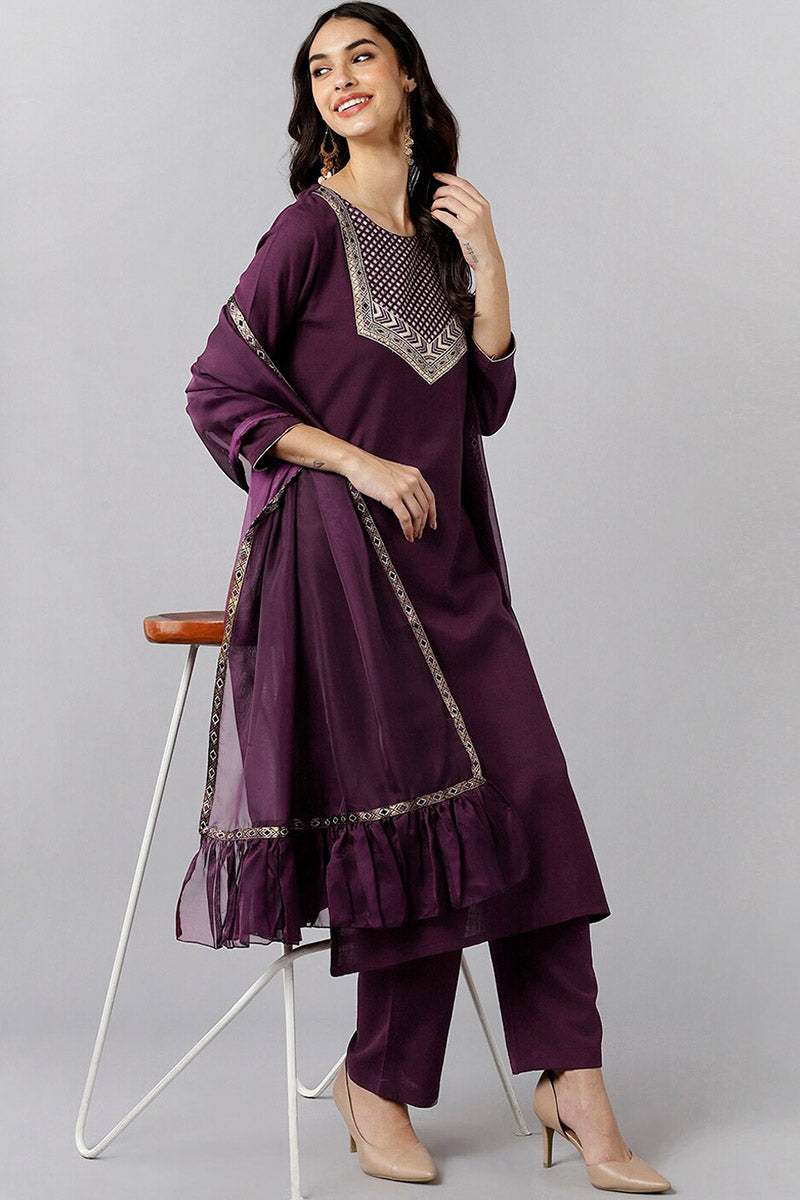 Purple Cotton Blend Solid Straight Suit Set PKSKD1179